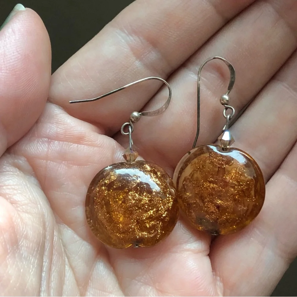 Vtg stamped 925 sterling silver & art glass copper mica dangle earrings Murano